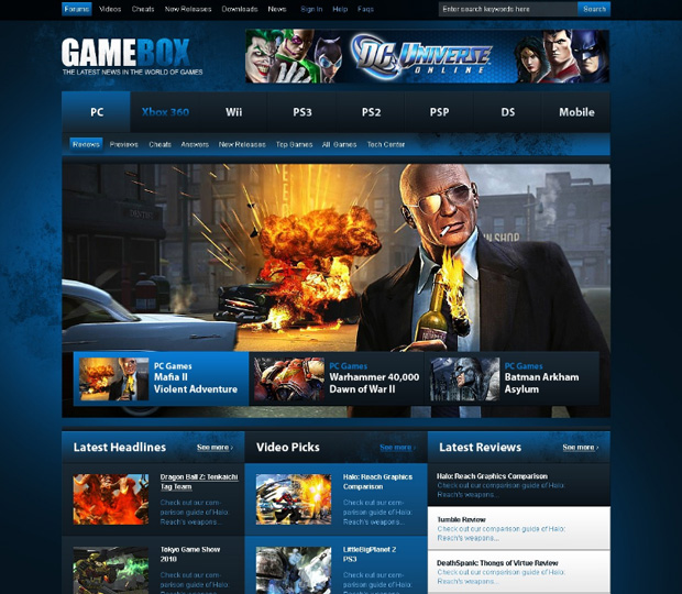 GameBox шаблон игрового сайта в PSD