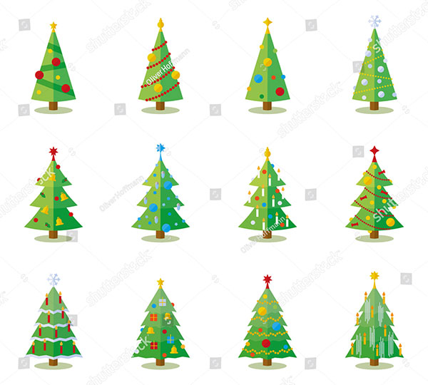 12 Vector Flat Christmas Trees with Decoration
