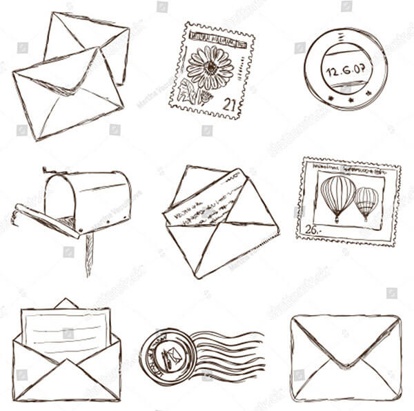 Illustration Postal Mailing Icons Sketch Style